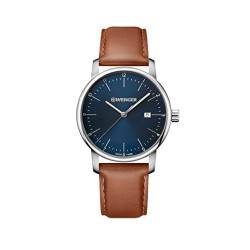 WENGER Herren Armbanduhr Urban Classic Ø 42mm, Swiss Made, Analog Quarz, Wasserdicht bis 100m, Leder-Armband, Blau/Braun, 01.1741.111 von WENGER