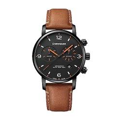 WENGER Herren Armbanduhr Urban Metropolitan Chronograph Ø 44mm, Swiss Made, Analog Quarz, Wasserdicht bis 100m, Leder-Armband, Braun/Schwarz, 01.1743.113 von WENGER