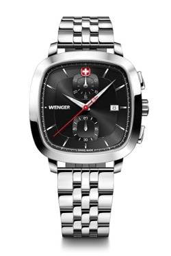 WENGER Herren Armbanduhr Vintage Classic Chrono Ø 40mm, Swiss Made, Analog Quarz, Wasserdicht bis 50m, Edelstahl-Armband, Schwarz/Silber, 01.1933.101 von WENGER