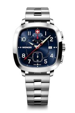 WENGER Herren Armbanduhr Vintage Sport Chrono Ø 40mm, Swiss Made, Analog Quarz, Wasserdicht bis 50m, Edelstahl-Armband, Blau/Silber, 01.1933.111 von WENGER