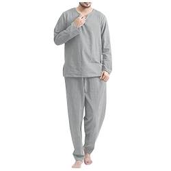 WENZHOU Herren Baumwolle Leinen Schlafanzug Zweiteiliger Nachtwäsche Langarm Shirt und Loungehose mit V Ausschnitt Männer Pyjama-Set Retro Lange Ärmel T-Shirt Und Große Größe Freizeit Hosen von WENZHOU