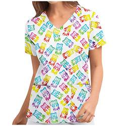 WENZHOU Kasack Damen T-Shirts, Lady-Fit T-Shirt Bunt Pflege große größen mit Ostern Motiv T-Shirt Schlupfkasack mit Taschen Kurzarm V-Ausschnitt Schlupfhemd Berufskleidung Krankenpfleger von WENZHOU