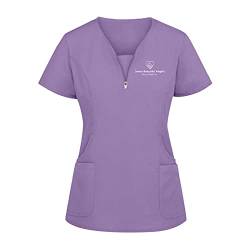 WENZHOU Schlupfkasack Kasack für Damen Krankenpflege Kurzarm V-Ausschnitt T-Shirts Brief Drucken Bluse Pflege Berufskleidung Nurse Schlupfhemd Uniform mit Reißverschluss Bluse Lila von WENZHOU