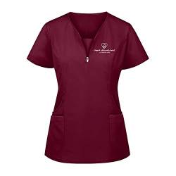 WENZHOU Schlupfkasack Kasack für Damen Krankenpflege Kurzarm V-Ausschnitt T-Shirts Brief Drucken Bluse Pflege Berufskleidung Nurse Schlupfhemd Uniform mit Reißverschluss Bluse von WENZHOU