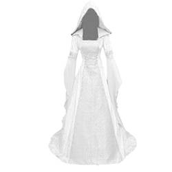 Halloween Kostüm Damen,Gothic Kleidung Retro Mittelalter Kleid mit Trompetenärmel, Mittelalterliche Viktorianischen Königin Kleider Renaissance Maxikleid halloween kleidung damen pullover Weiß M von WEOPLKIN