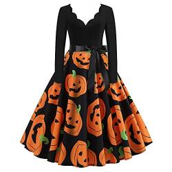 Halloween Kostüm Damen Vintage in Übergröße, lustiger Kürbis, gruselige Fledermaus, Mondschloss, Halloween-Kostüm, Vintage-A-Linie, Flare-Kleider Halloween Kleidung Damen Orange M von WEOPLKIN