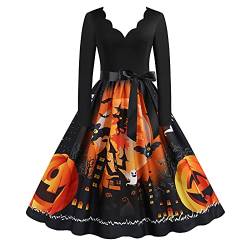 Halloween Kostüm Damen Vintage in Übergröße, lustiger Kürbis, gruselige Fledermaus, Mondschloss, Halloween-Kostüm, Vintage-A-Linie, Flare-Kleider Halloween Kleidung Damen Pullover Schwarz XL von WEOPLKIN