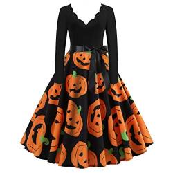 Halloween Kostüm Damen Vintage in Übergröße, lustiger Kürbis, gruselige Fledermaus, Mondschloss, Halloween-Kostüm, Vintage-A-Linie, Flare-Kleider Kleidung für Halloween Orange M von WEOPLKIN