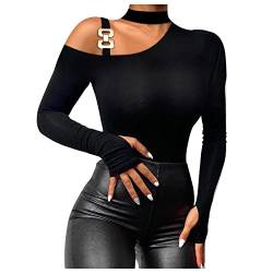 Langarmshirt Damen Sexy Square Neck Bluse Damen Elegant Spitzen-Mesh-Nähte Sexy Modische Lässig T-Shirt Tops Frühling Tunika Damen Langarm blusenshirt Damen Schwarz L von WEOPLKIN