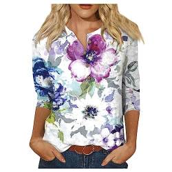 T Shirt Bedrucken Shirt Damen Elegant Shirt 3/4 Arm Damen Frühling Sommer Basic Langarmshirt Damen Lässig Blütenblatt Sportshirt Oberteile Sport Tshirt Damen Fitness Violett L von WEOPLKIN