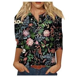 T Shirt Bedrucken Shirt Damen Elegant Shirt 3/4 Arm Damen Frühling Sommer Basic Langarmshirt Damen Lässig Blütenblatt Sportshirt Oberteile thermoshirt Damen Langarm Schwarz XXL von WEOPLKIN