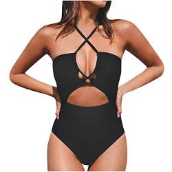 WEOPLKIN Badeanzug Damen Bauchweg Sexy Badeanzug Damen Sport Wickel Push Up Bademode Raffung Badeanzüge Cut Out Einteilige Strandmode Swimsuit Bikini-Sets fã¼r Damen Schwarz L von WEOPLKIN