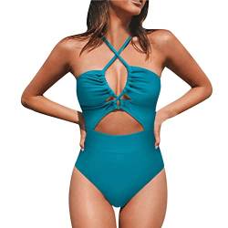 WEOPLKIN Badeanzug Damen Bauchweg Sport Badeanzug mit Bein Monokini Damen Sexy Cut Out Badeanzug Schwimmanzug Mädchen Bauchweg Tankini Push Up Bikini Set 3 teilig blau M von WEOPLKIN