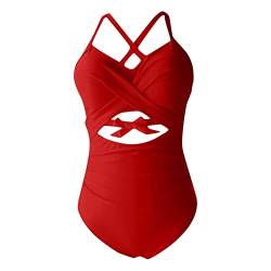 WEOPLKIN Badeanzug Damen Bauchweg Sport Badeanzug mit Bein Monokini Damen Sexy Cut Out Badeanzug Schwimmanzug Mädchen Bauchweg Tankini Push Up Bikinihose schwarz Rot XXL von WEOPLKIN