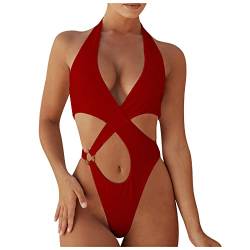 WEOPLKIN Badeanzug Damen Sexy Cut Out Badeanzug Monokini Damen Sexy Bikini Damen Bauchweg High Waist Einteilige Bikini Badeanzug Damen mit Bein Damen Badeanzug Rot M von WEOPLKIN