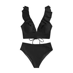 WEOPLKIN Bikini Damen Bauchweg Elegant Bikini Damen Push Up Rüsche Crop Top Tankini Oberteil Zweiteiliger Badeanzug High Waist Bikini Damen Set Bandeau Bikini Damen Schwarz M von WEOPLKIN