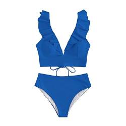 WEOPLKIN Bikini Damen Bauchweg Elegant Bikini Damen Push Up Rüsche Crop Top Tankini Oberteil Zweiteiliger Badeanzug High Waist Bikini Damen Set Sport Bikini Damen blau S von WEOPLKIN