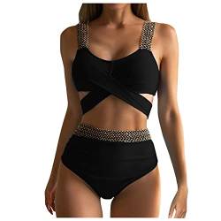 WEOPLKIN Bikini Damen Push Up Zweiteiler Bikini Damen Set High Waist Bikini mit frechem Unterteil Riemchen-Bikini Sport Bikini Damen Bademode Shape Badeanzug Damen Schwarz M von WEOPLKIN