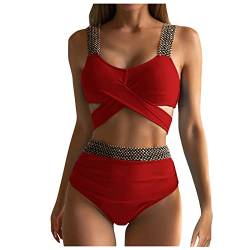 WEOPLKIN Bikini Damen Push Up Zweiteiler Bikini Damen Set High Waist Bikini mit frechem Unterteil Riemchen-Bikini Sport Bikini Damen Bademode bademode Damen bauchweg Rot L von WEOPLKIN