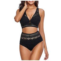 WEOPLKIN Bikini Damen Set Push Up Zweiteiler Bikini Sexy High Waist Bikini Badeanzug für Damen V Ausschnitt Oberteil Spitze Swimsuit Bohemia Bademode Underwear Badebekleidung Plus Size Schwarz XXL von WEOPLKIN