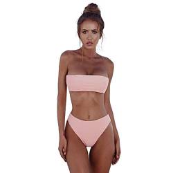 WEOPLKIN Bikini Damen Set Sexy Bikini Damen Push Up Zweiteilige Badeanzug Bademode Bandeau Bikini Set Crop Top Gerippter Bikini mit frechem Unterteil Swimsuit Bikini top Damen pink M von WEOPLKIN