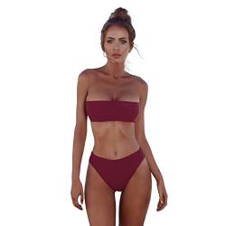 WEOPLKIN Bikini Damen Set Sexy Bikini Damen Push Up Zweiteilige Badeanzug Bademode Bandeau Bikini Set Crop Top Gerippter Bikini mit frechem Unterteil Swimsuit Damen Bikini sexy Rot XL von WEOPLKIN