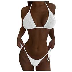 WEOPLKIN Bikini Damen Sexy Brazilian Bikini Damen Set Triangel String Oberteil Bikini Tanga Bademode Zweiteiler Bikini Damen Set Tankini Damen bauchweg Weiß S von WEOPLKIN