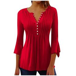 WEOPLKIN Bluse Damen Elegant Tunika Damen Puff Langarm V Ausschnitt Plissee T Shirt Bedrucken Lässig Shirt 3/4 Arm Frühling Sommer Bluse Tops t Shirt Damen Rot 3XL von WEOPLKIN