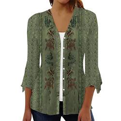 WEOPLKIN Damen Blusen Frühling Sommer Cardigan Shirt 3/4 Arm Lässig Tunika Damen Bedrucken Longbluse Damen Lässig für Leggings Bluse festlich Damen Grün L von WEOPLKIN