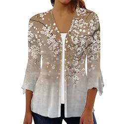 WEOPLKIN Damen Blusen Frühling Sommer Cardigan Shirt 3/4 Arm Lässig Tunika Damen Bedrucken Longbluse Damen Lässig für Leggings Sweatshirts für Damen Beige S von WEOPLKIN