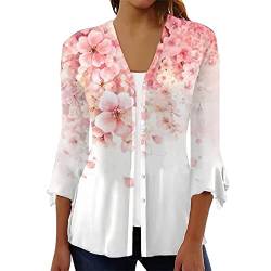 WEOPLKIN Damen Blusen Frühling Sommer Cardigan Shirt 3/4 Arm Lässig Tunika Damen Bedrucken Longbluse Damen Lässig für Leggings t Shirt pink 3XL von WEOPLKIN