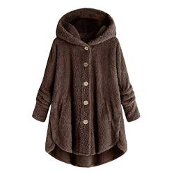 WEOPLKIN Fleecejacke Damen Lang Plüschjacke Damen Wollmantel Winterjacke Oversized Hoodie Lang Teddy Plüschmantel mit Kapuze Winter Warm Knopf Kapuzenjacke Zipper Hoodie Oversized braun M von WEOPLKIN