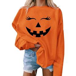 WEOPLKIN Halloween Pullover Damen Sweatshirts Langarm Kürpiskopf Fun Sweatshirt Kürbis Gedruckt Herbst Winter Rundhals Sportshirt Karneval Kostüme Langshirt Hoodie Dunkelgruen Orange L von WEOPLKIN