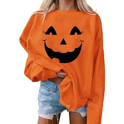 WEOPLKIN Halloween Pullover Damen Sweatshirts Langarm Kürpiskopf Fun Sweatshirt Kürbis Gedruckt Herbst Winter Rundhals Sportshirt Karneval Kostüme Langshirt Hoody Xs Maedchen Orange S von WEOPLKIN