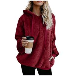 WEOPLKIN Hoodie Damen Sweatshirt Damen Kapuzenpullover Teddy-Fleece Pullover Herbst Winter Warm Oberteil Langarm Einfarbig Casual Sweatshirt Fleecepullover Damen Schwarzer Hoodie Damen Rot L von WEOPLKIN