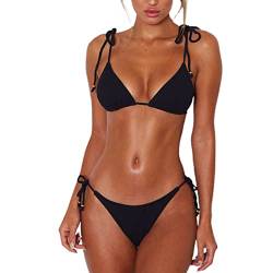 WEOPLKIN Sexy Bikini Damen Set Push Up Bikini Brazilian Triangel String Bikini Oberteil Tanga Bikini Bademode Swimsuit Zweiteiliger Badeanzug Tankini Oberteil Damen Schwarz M von WEOPLKIN