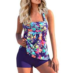 WEOPLKIN Tankini Damen Bauchweg Push Up Badeanzug Damen Sport Zweiteiler Bademode Tankini Damen Set Badeanzug Elegant Sommer Badeanzüge für Damen mit Badeshorts Badeanzug Damen mit Cups Violett M von WEOPLKIN