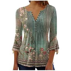 WEOPLKIN Tunika Damen Langarm Bluse Damen Elegant Henley Shirts Frühling Sommer Langarmshirt T Shirt Bedrucken Lässig Klassisch Tunika Damen Elegant Langarmshirts für Damen Grün XL von WEOPLKIN