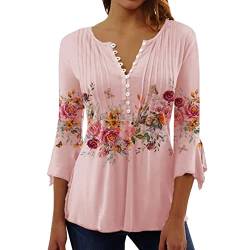 WEOPLKIN Tunika Damen Langarm Bluse Damen Elegant Henley Shirts Frühling Sommer Langarmshirt T Shirt Bedrucken Lässig Klassisch Tunika Damen Elegant Longshirt Damen lässig für Leggings pink XXL von WEOPLKIN