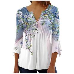 WEOPLKIN Tunika Damen Langarm Bluse Damen Elegant Henley Shirts Frühling Sommer Langarmshirt T Shirt Bedrucken Lässig Klassisch Tunika Damen Elegant Rollkragenshirt Damen blau 3XL von WEOPLKIN