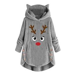 WEOPLKIN Weihnachtspullover Damen Fleece Hoodie Damen Langarm Oversize Teddy-Fleece Weihnachtstshirt Herbst Winter Warm Langarm Einfarbig Casual Sweatshirt Hoodie Weihnachten Damen grau L von WEOPLKIN