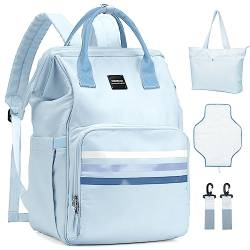 WEPLAN Baby Wickeltasche Rucksack, Großer Wickelrucksack Multifunktional Große Kapazität Babytasche Wickelrucksäcke Babytaschen für Mama und Papa mit Wickelauflage & Tote & Kinderwagengurten,Hellblau von WEPLAN