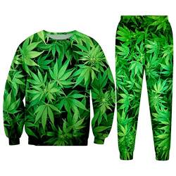 WEPTANSES Lässige Streetwear Sweatshirt und Hosen Feuille Green Hanf Blatt Weed 3D Crewneck Hoodie Pullover Männer Und Frauen Trainingsanzug 3D Green Tracksuits 4XL von WEPTANSES