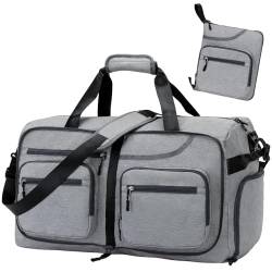 Reisetasche, 65 l, faltbare Reisetasche mit Schuhfach und Nassfach, wasserdicht und reißfest, A2-hellgrau, 65L, Reisen von WEREWOLVES