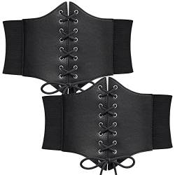 WERFORU 2 Stücke Frauen Tied Waspie Gürtel, Breiter Schnürgürtel für Damen, Korsett elastische Taille Gürtel Schwarz/Schwarz von WERFORU