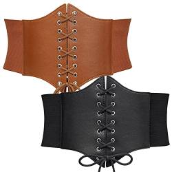 WERFORU 2 Stücke Frauen Tied Waspie Gürtel, Breiter Schnürgürtel für Damen, Korsett elastische Taille Gürtel für Halloween Schwarz/Braun von WERFORU