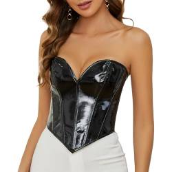 WERFORU Leder Korsett für Damen Kunstleder Corsage Trägerloses Korsett Top Reißverschluss Bustier Weste Schwarz von WERFORU