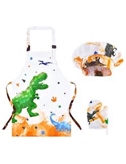 Dinosaurier Schürzen Set–Wasserdichte Bastelschürzen Kochschürzen für Kinder Jungen Lätzchen mit Verstellbarer Riementasche Kochmütze und Fäustlingen für Backmalparty (Extra Klein, 2-5 Jahre) von WERNNSAI