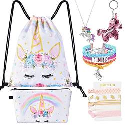 WERNNSAI Einhorn Kordelzug Rucksack - Einhorn Geschenke für Mädchen Geburtstag Weihnachten 9 Stück Kordelzug Taschen Set inklusive Schminktasche Schlüsselanhänger Halskette Armband Haargummis von WERNNSAI