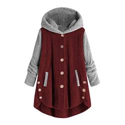 WERVOT Damen Kapuzenpullover Herbst Winter Plus Size Button Plüschoberteile Kapuze Casual Lose Strickjacke Lange Ärmel Einfarbig Wollmantel Winterjacke Warm Parka Mantel Mit Taschen(F Wein,5XL) von WERVOT